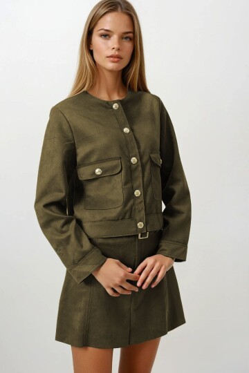 Haki Çift Kapak Cepli Altın Düğmeli Kısa Ceket