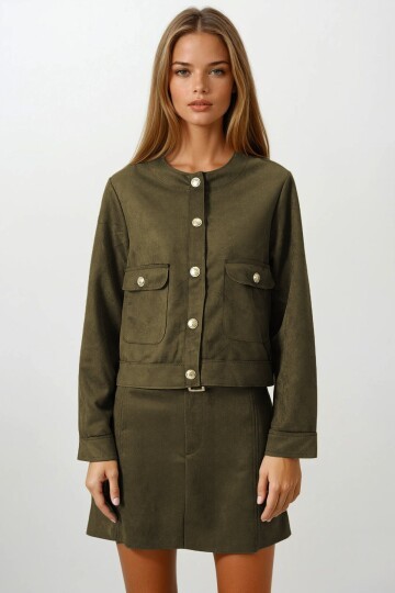 Haki Çift Kapak Cepli Altın Düğmeli Kısa Ceket