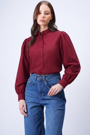 Bordo Hakim Yaka Önü Düğmeli Balon Kol Poplin Dokuma Bluz