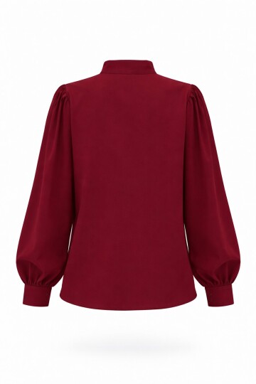 Bordo Hakim Yaka Önü Düğmeli Balon Kol Poplin Dokuma Bluz