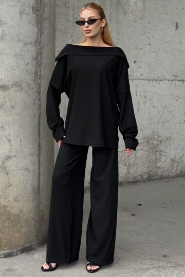 İki İplik Geniş Yaka Salaş Kesim Bluz Beli Lastikli Geniş Paça Pantolon Takım