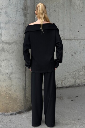 İki İplik Geniş Yaka Salaş Kesim Bluz Beli Lastikli Geniş Paça Pantolon Takım