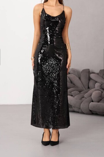 İp Askılı Sırt Dekolteli Payetli Midi Boy Etek