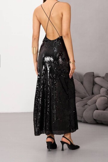 İp Askılı Sırt Dekolteli Payetli Midi Boy Etek