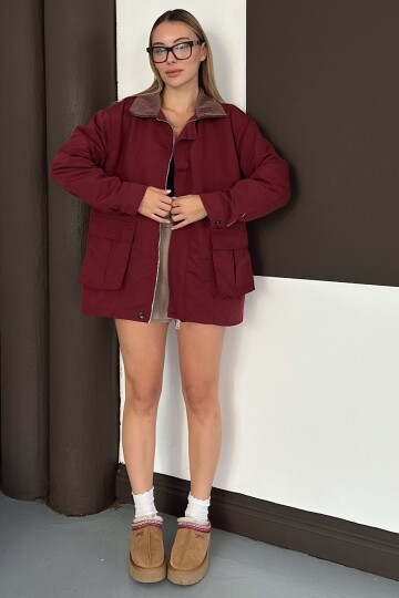 Kadife Yaka Çift Cepli Astarlı Fermuar Kapamalı Ceket