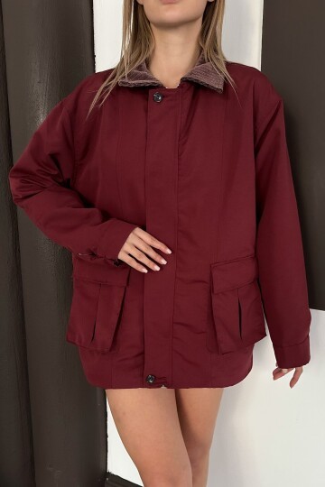 Kadife Yaka Çift Cepli Astarlı Fermuar Kapamalı Ceket