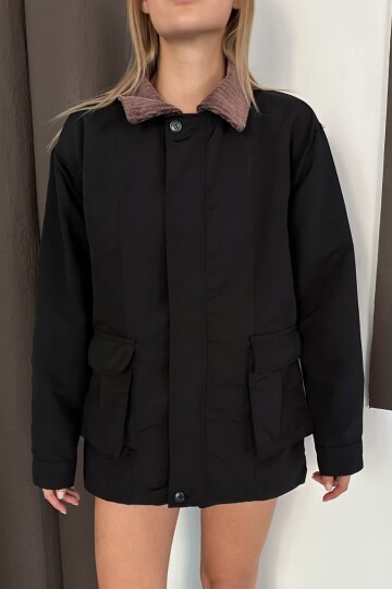 Kadife Yaka Çift Cepli Astarlı Fermuar Kapamalı Ceket