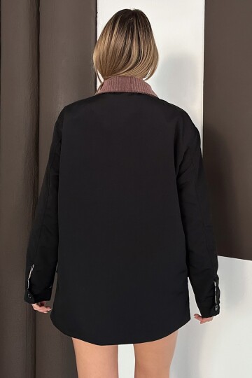 Kadife Yaka Çift Cepli Astarlı Fermuar Kapamalı Ceket