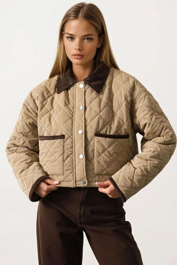 Kadife Yaka Çift Cepli Astarlı Kapitone Mont