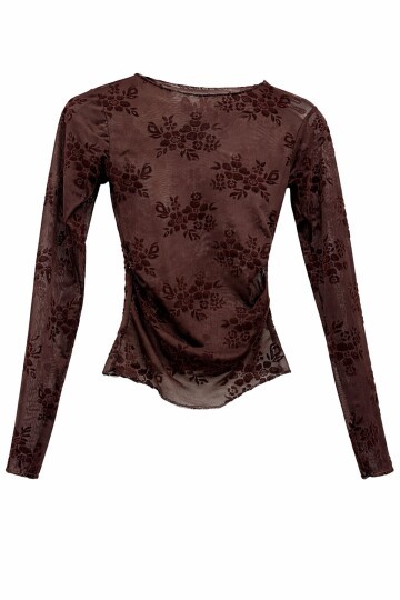 Kahverengi Transparan İşlemeli Bluz