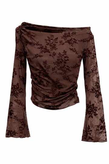 Kahverengi Transparan İşlemeli Bluz