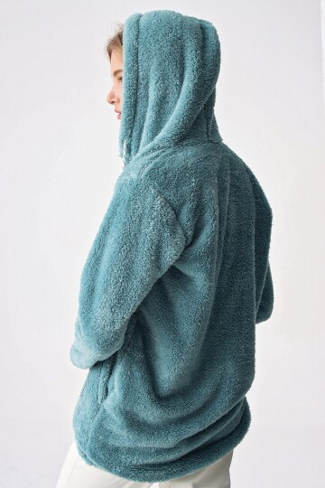 Kapüşonlu Çift Cep Peluş Ceket