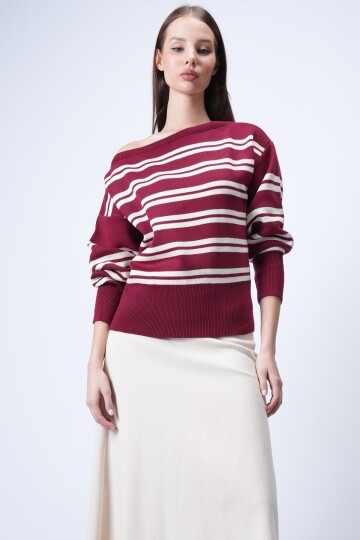 Bordo Kayık Yaka Çizgili Triko