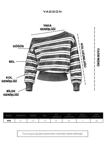 Ekru Kayık Yaka Çizgili Triko