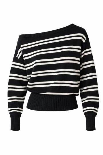 Siyah Kayık Yaka Çizgili Triko