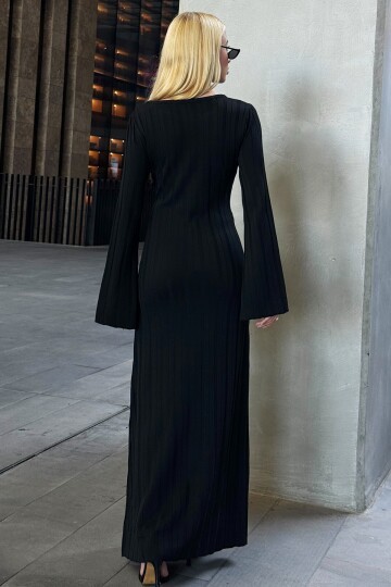 Kayık Yaka İspanyol Kol Kendinden Çizgili Bağlama Detaylı Triko Elbise