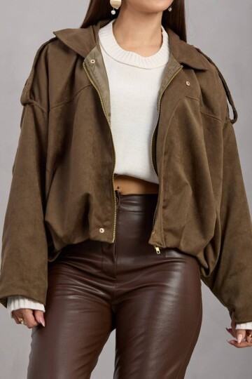 Kemer Detaylı Fermuar Kapamalı Astarlı Bomber Süet Ceket
