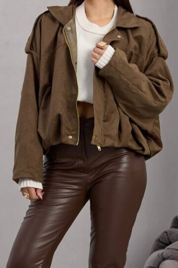 Kemer Detaylı Fermuar Kapamalı Astarlı Bomber Süet Ceket