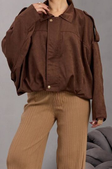 Kemer Detaylı Fermuar Kapamalı Astarlı Bomber Süet Ceket