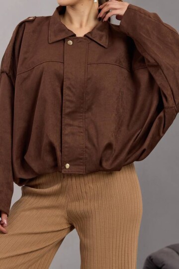 Kemer Detaylı Fermuar Kapamalı Astarlı Bomber Süet Ceket