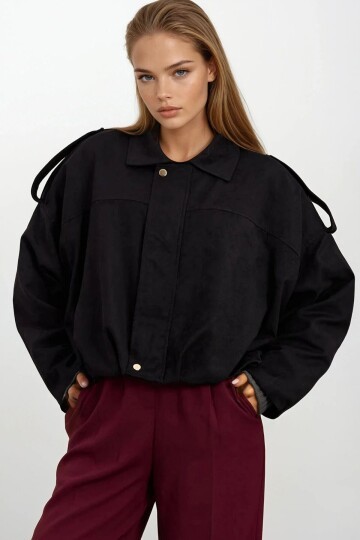 Kemer Detaylı Fermuar Kapamalı Astarlı Bomber Süet Ceket