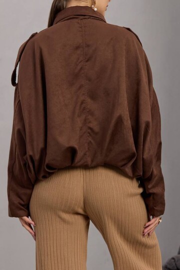 Kemer Detaylı Fermuar Kapamalı Astarlı Bomber Süet Ceket