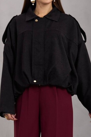 Kemer Detaylı Fermuar Kapamalı Astarlı Bomber Süet Ceket