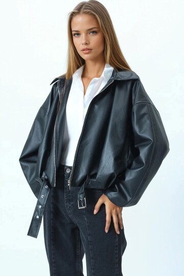 Kemer Detaylı Fermuar Kapamalı Bomber Ceket