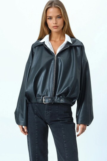 Kemer Detaylı Fermuar Kapamalı Bomber Ceket