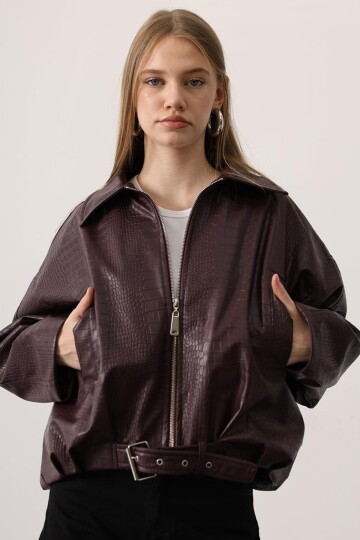 Kemer Detaylı Suni Deri Bomber Ceket