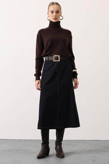 Kemerli 4 Cepli Midi Boy Denim Etek