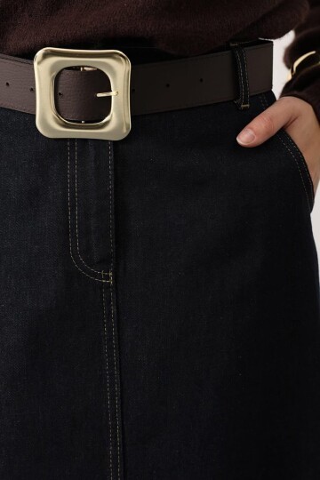 Kemerli 4 Cepli Midi Boy Denim Etek