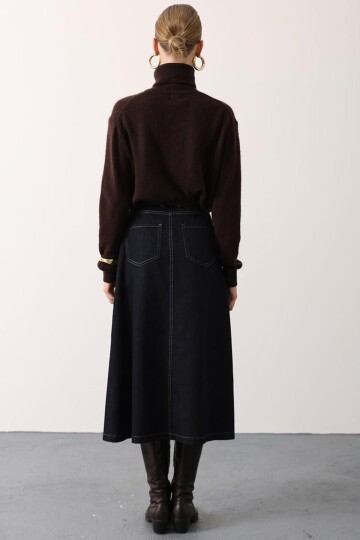 Kemerli 4 Cepli Midi Boy Denim Etek