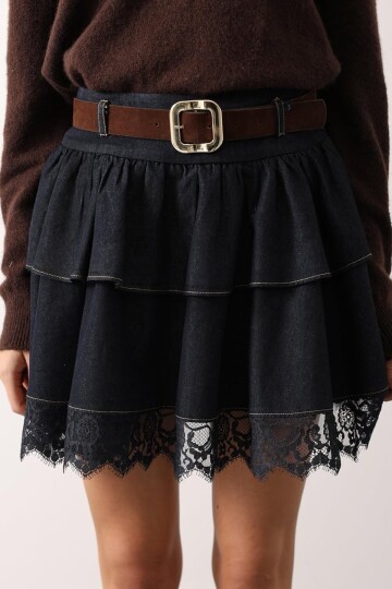 Kemerli Dantel Detaylı Volanlı Denim Etek