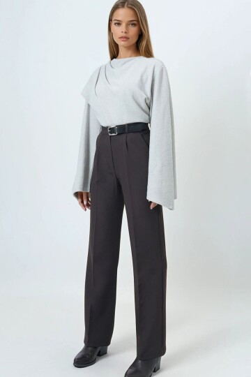 Kemerli Düğme Kapamalı Çift Cepli Palazzo Pantolon