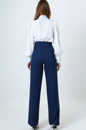 Kemerli Düğme Kapamalı Çift Cepli Palazzo Pantolon