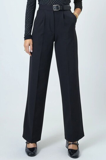 Kemerli Düğme Kapamalı Çift Cepli Palazzo Pantolon