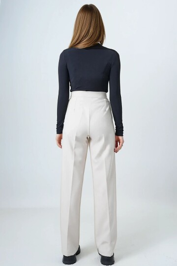 Kemerli Düğme Kapamalı Çift Cepli Palazzo Pantolon