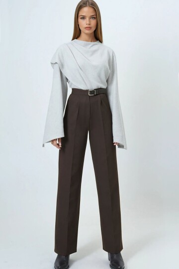 Kemerli Düğme Kapamalı Çift Cepli Palazzo Pantolon