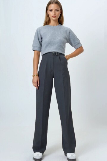 Kemerli Düğme Kapamalı Çift Cepli Palazzo Pantolon