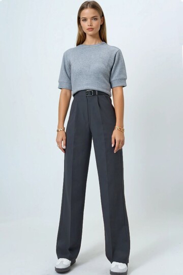 Kemerli Düğme Kapamalı Çift Cepli Palazzo Pantolon