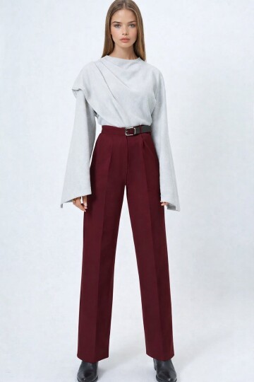 Kemerli Düğme Kapamalı Çift Cepli Palazzo Pantolon