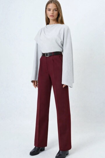 Kemerli Düğme Kapamalı Çift Cepli Palazzo Pantolon