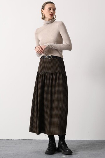 Kemerli Ekoseli Pileli Midi Boy Etek