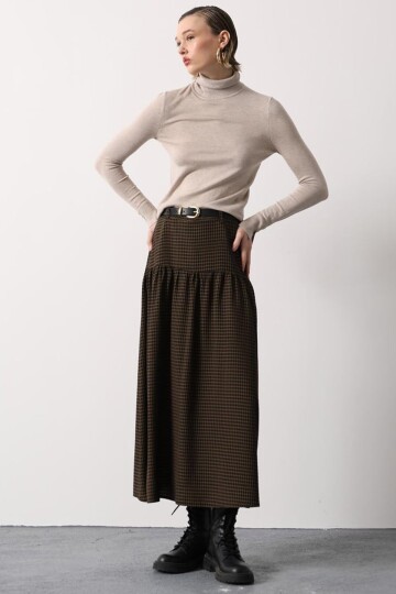 Kemerli Ekoseli Pileli Midi Boy Etek