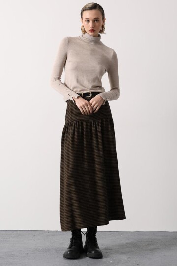 Kemerli Ekoseli Pileli Midi Boy Etek