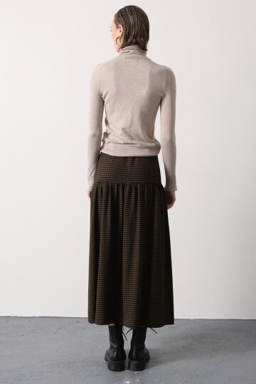 Kemerli Ekoseli Pileli Midi Boy Etek