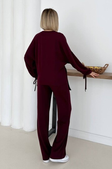 Kol Ve Beli Büzgü Detaylı Bluz Ve Geniş Paça Pantolon Takım