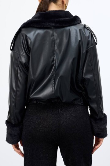 Kolları ve Yakası Fermaurlı Peluş Suni Deri Ceket