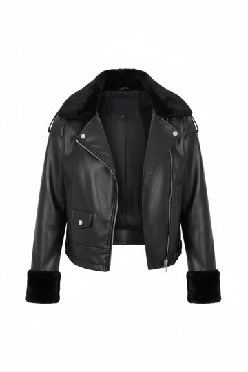 Kolları ve Yakası Peluş Fermuar Kapamalı Suni Deri Ceket